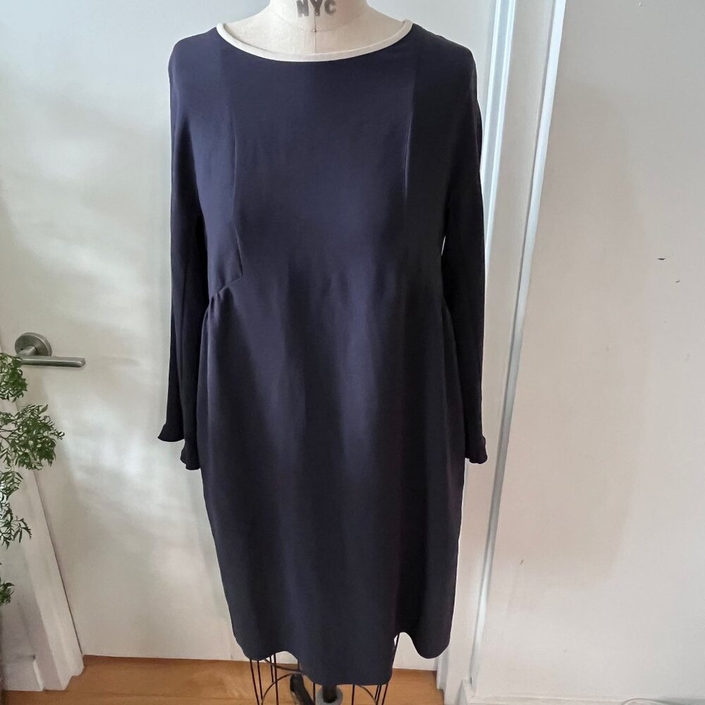 WEEKEND MAX MARA Navy Waist Tuck Dress‎ with Cream Neck Piping Size 6